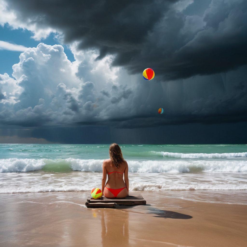 A split scene showcasing two contrasting beach environments: on one side, a vibrant sun-kissed beach with colorful swimwear, beach balls, and joyful people swimming; on the other side, a moody, somber beach with dark clouds, empty benches, and a person sitting alone in a wet swimsuit looking reflective. Capture the emotional shift between joy and introspection. surreal art. vibrant colors. dramatic lighting.