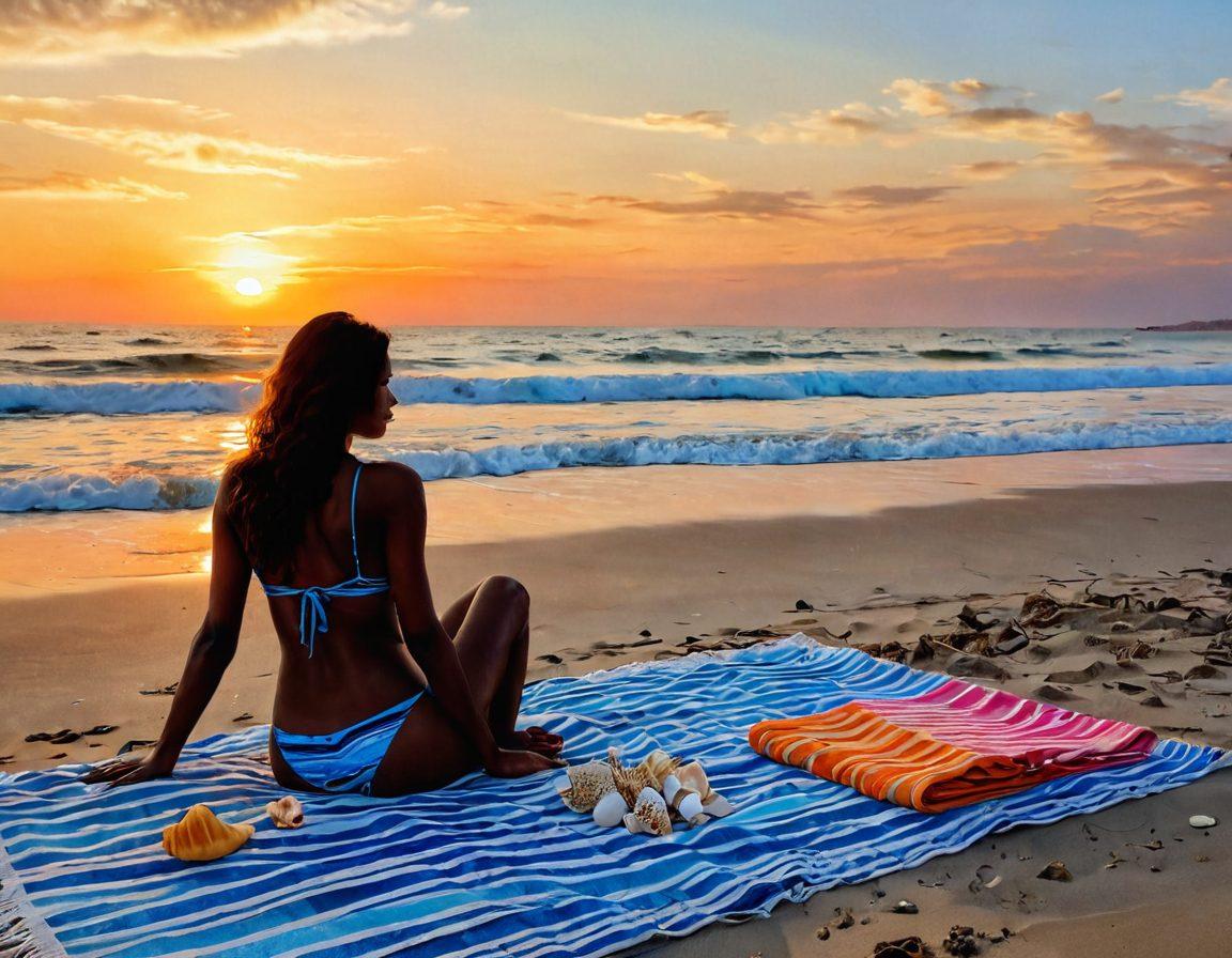 A beach scene capturing the essence of summer melancholy, featuring a lone figure in a vibrant bikini with a contemplative expression, sitting on the sand surrounded by colorful beach towels and scattered seashells. In the background, soft waves gently lap against the shore while a setting sun casts a warm glow. Juxtapose bright beach elements with subtle shades of blue and gray to evoke a sense of duality in emotions. painting. soft pastels. warm sunset tones.